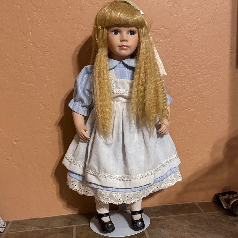 Blue and White Doll with Blonde Hair